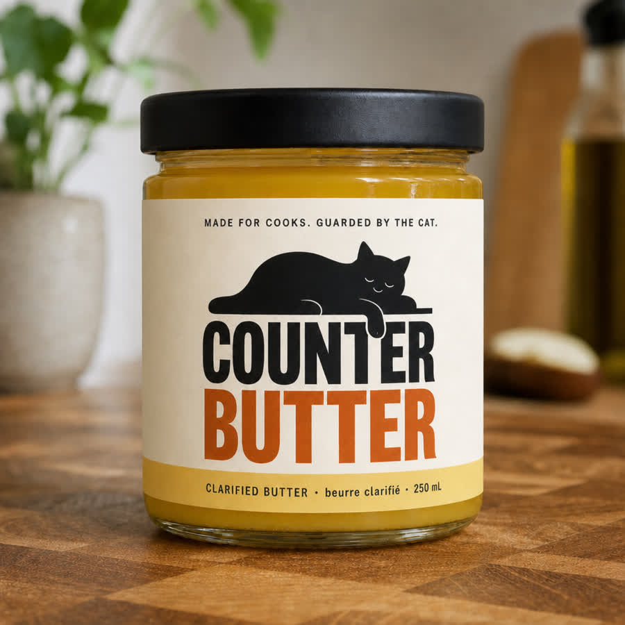 Counter Butter jar with sleepy cat cream label